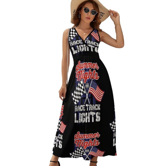Racing Summer Nights Race Track Lights Flags Womens Night Club Maxi Dress V Neck Sleeveless Bohemia Long Dresses