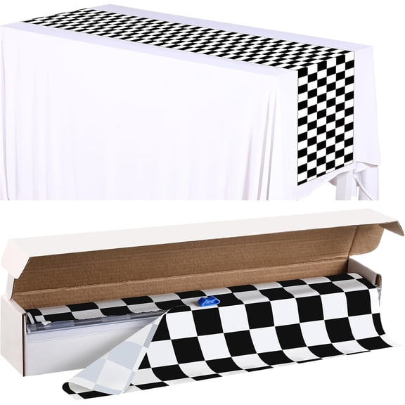 Racing Table Runner Roll 14 in x 100 ft Plastic Checkered Table Runner with Slide Cutter Box Disposable Racetrack Road Tablecloth for Two Fast Car Theme Party Supply(Black White Checkered)
