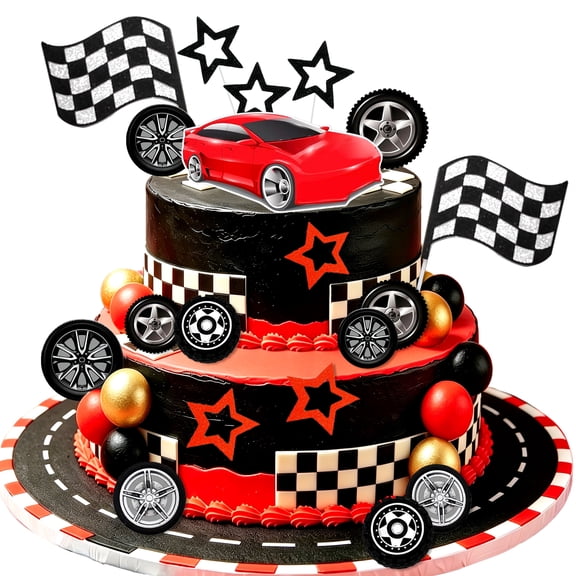 Racing Theme Cake Decoration Kit - 27-Piece Supercar & Checkered Flag Set for Speed-Inspired Parties