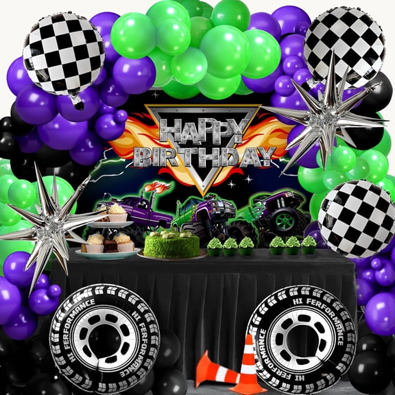 Racing Theme Party Supplies Race Car KKS1Theme Balloon Arch Kit Truck Birthday Party Decoration Black Green Purple Balloon Large Wheel Checkered Flag Exploding Star Foil Balloon Garland Kit