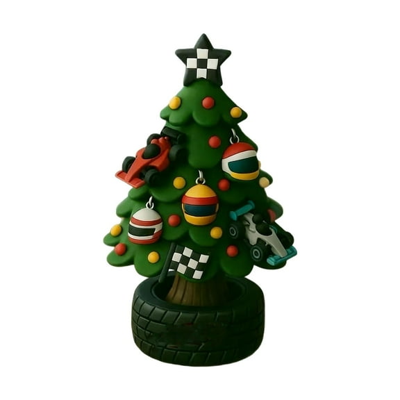 Racing Themed Christmas Tree Ornament with Car, Helmet & Checkered Flag Details – Perfect for Racing Enthusiasts, Holiday Decor & Festive Gift Giving