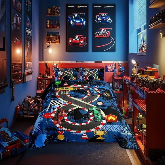 Racing Track Bedding Comforter Sets Queen,Teens Cartoon Extreme Sports Race Car Bedding Set for Bedroom Decoration