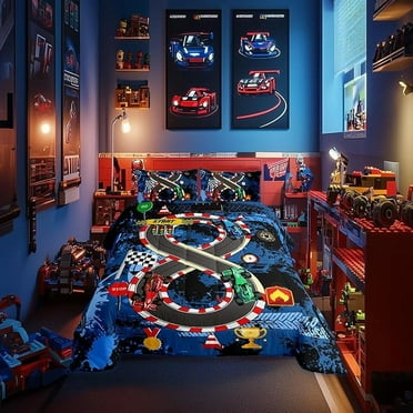 Racing Track Boys Bedding Comforter Sets Twin,Teens Cartoon Extreme Sports Race Car Bedding Set for Bedroom Decoration