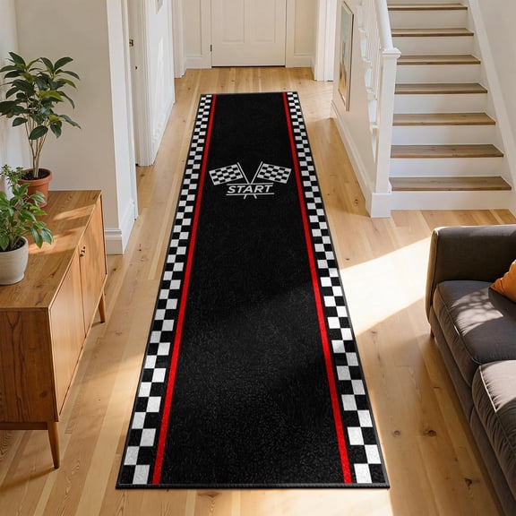Racing Track Runner Rug, Black and White Checkered Flag Washable Non-Slip Floor Mat for Hallway Entryway