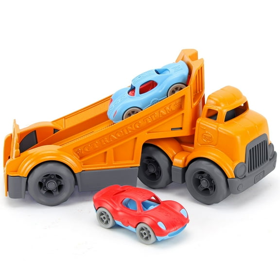 Green Toys: Racing Truck - 3pc Vehicle Toy Set, Orange Hauler Truck w/ Detachable Open-Bed Trailer, 2 Red & Blue Race Cars, Recycled Material, Kids 3+