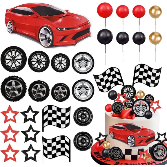 Racing Wheel Cake Topper 27PCS Race Car Cake Toppers Tyre Cake Decorations Checkered Flag Car Cake Cupcake Decoration for Man Boy Kid Racing Car Theme Birthday Supplies