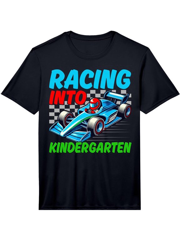 Racing into Kindergarten Race Car Driver Back to School Performance T-Shirt Boys Kids T-Shirt, 180gsm, 100% Cotton
