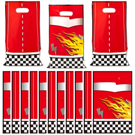 Racing theme party small gift bags - 50 red racing track checkered flag plastic candy bags, with handle, for children boys birthday baby party party small gift supplies