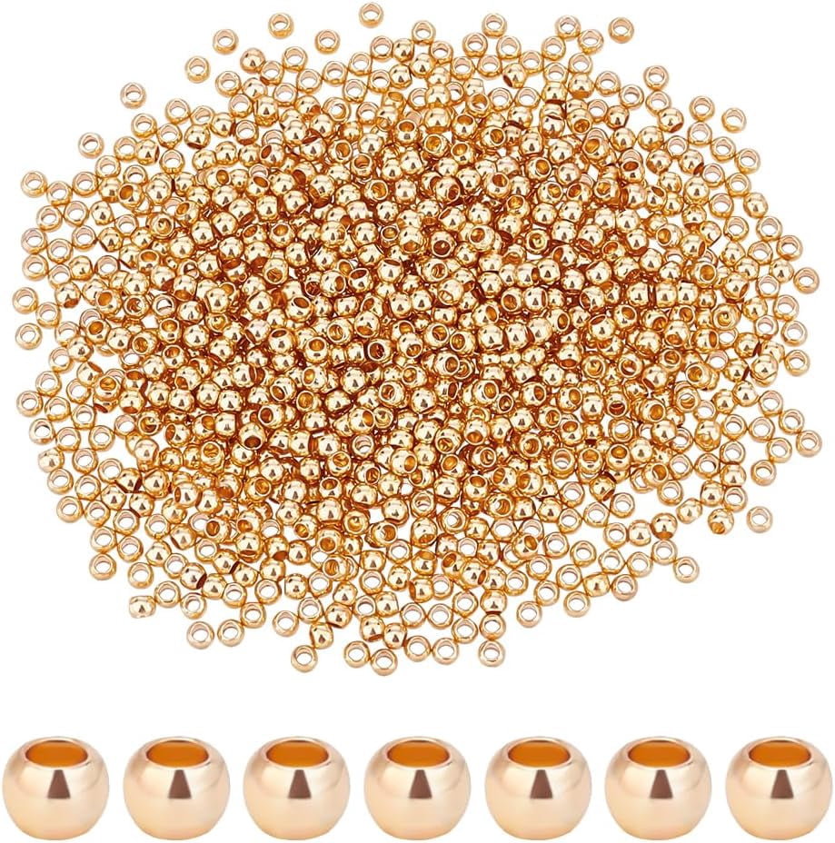 Rack 1000Pcs Plating Brass Beads Long-Lasting Plated Round Golden 2mm ...
