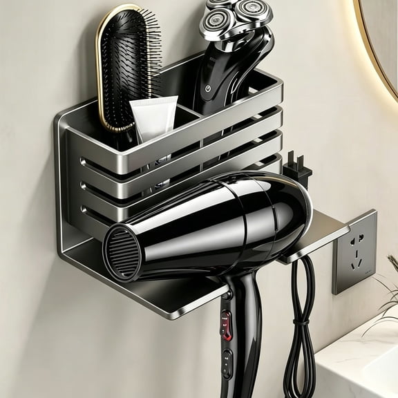 Rack, Bathroom Wall Mounted Non Drilling Holder With Comb And Toiletry Storage, Space Aluminum Double Compartment Organizer
