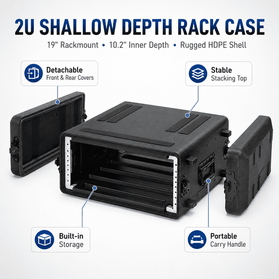 2U Rack Case - Watertight, Shockproof 19" Rackmount Flight Case w/Microphone Compartments, Stackable & 200lbs Load Capacity