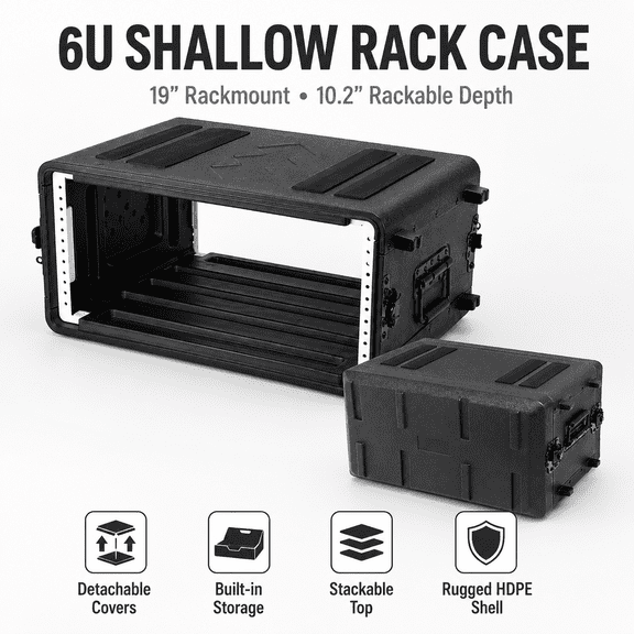6U Rack Case - Watertight, Shockproof 19" Rackmount Flight Case w/Microphone Compartments, Stackable & 200lbs Load Capacity