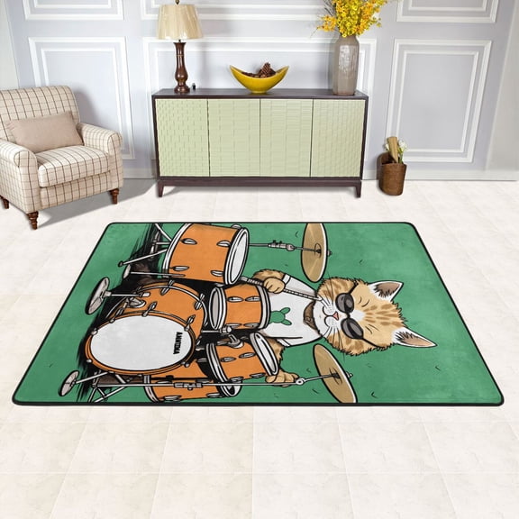 Rack Drum with Cat Area Rug Washable 72 x 48 Floor Carpet Mat Non Slip for Bedroom Living Room Kids Room Home Decor