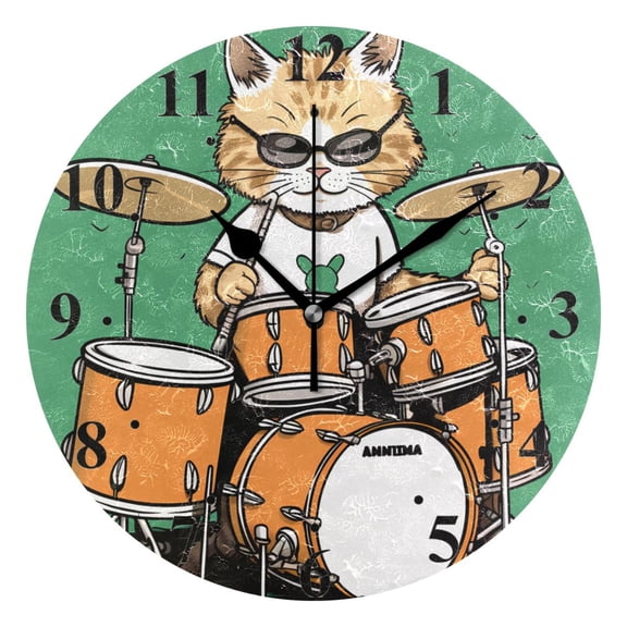 Rack Drum with Cat Black 10 inch Wall Clocks Non Ticking Easy to Read Battery Decorative for Home Bathroom Kitchen Bedroom Living Room