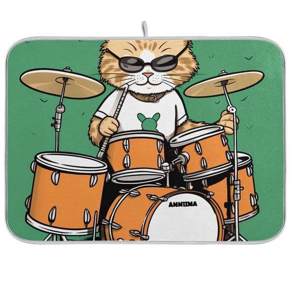 Rack Drum with Cat Dish Drying Mat Dish Drainer Rack Mats Water Absorbent Non-Slip Easy Clean Heat Resistant for Kitchen Counter