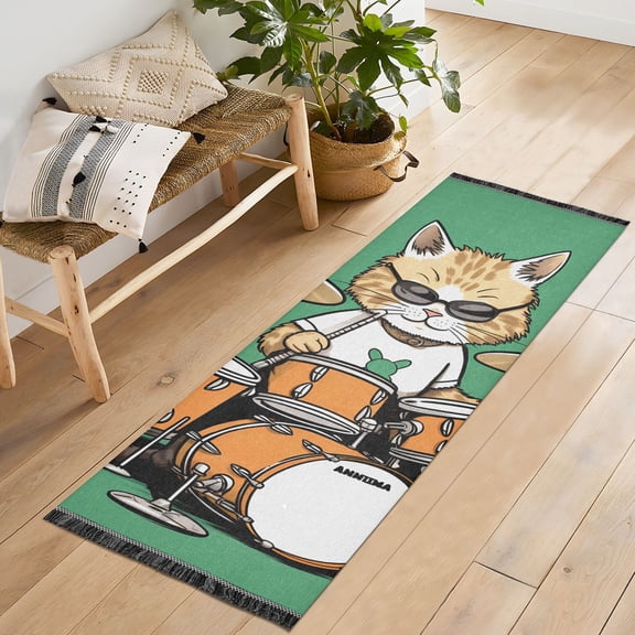 Rack Drum with Cat Runner Rug Machine Washable Area Rugs Carpet Non Slip Entryway Mat for Bedroom Entryway Front Door