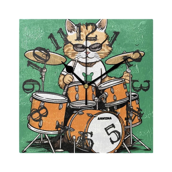 Rack Drum with Cat Wall Clock Square Silent Non Ticking Battery Operated Clock for Home Bathroom Kitchen Bedroom Living Room