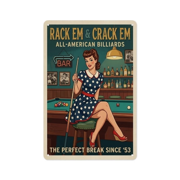 Rack Em & Crack Em Vintage Billiards Pin-Up Poster Metal Tin Sign Wall Decor Wall Art Vintage Room Decoration Tin Painting Poker Room Poster for Home Man Cave Bar Cafe Store Garage Or Club 12x8 Inche