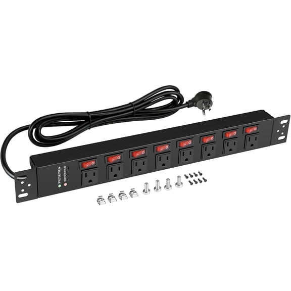 Rack Mount PDU Power Strips,8 Outlet Surge Protector,Individual Switches,1.5U Rackmount Server Racks,14AWG Heavy Duty Extension Cord,2700J,15A 125V 1875W (Standard Power Cord, 10 FT Cable)
