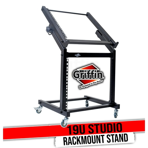 Rack Mount Rolling Stand and Adjustable Top Mixer Platform Mount 19U by Griffin Cart Holder for Music Studio Pro Audio Recording Cabinet Stage Equipment DJ PA Gear Display Case for Amplifiers, Effects