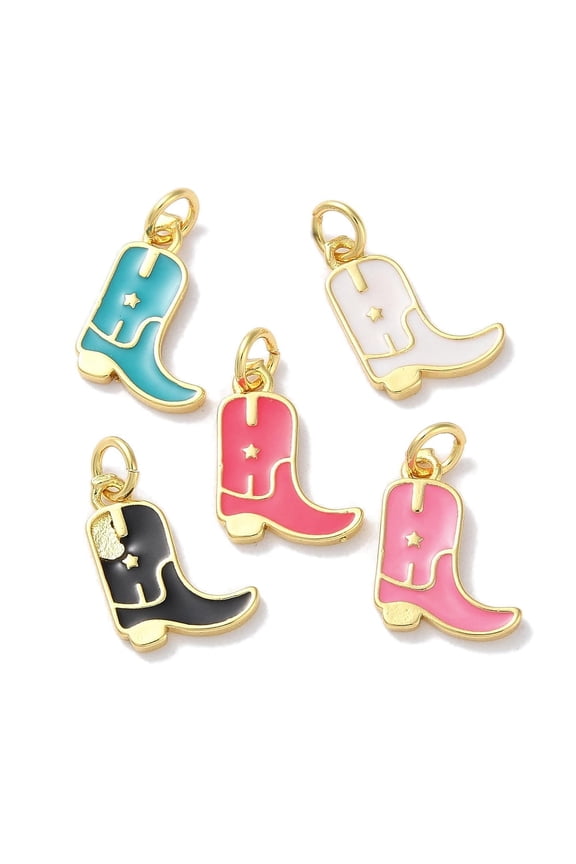 Rack Plated Brass Enamel Charms with Jump Ring Long-Lasting Plated Lead Free & Cadmium Free Real 18K Gold Plated Cowboy Boot Charm Mixed Color 14x11x1.5mm Hole: 3.4mm