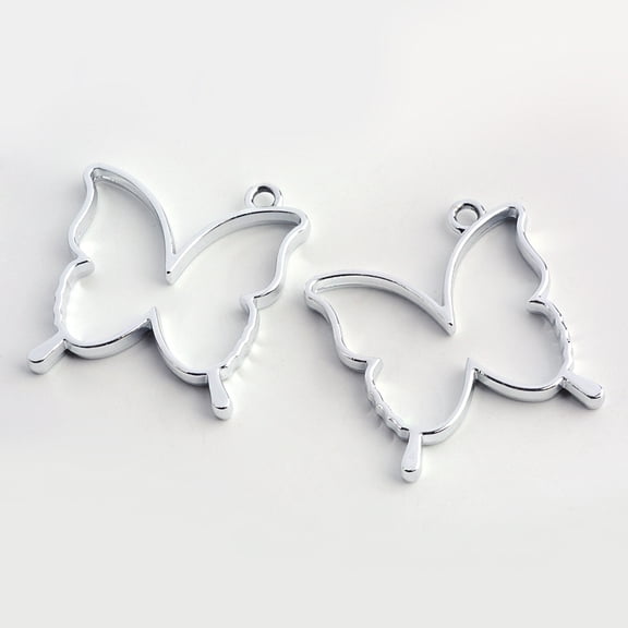 Rack Plating Alloy Butterfly Open Back Bezel Pendants Epoxy Resin Pressed Flower Jewelry Hollow Silver Color Plated 35x32x3.5mm Hole: 3mm