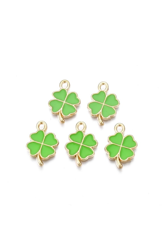 Rack Plating Alloy Enamel Pendants Cadmium Free & Nickel Free & Lead Free Clover Light golden Lime Green 19x13x1.5mm Hole: 1.6mm