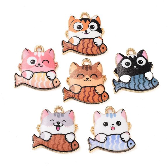 Rack Plating Alloy Enamel Pendants Golden Cat with Fish Charm Mixed color 18x18x3mm Hole: 2mm 100pcs