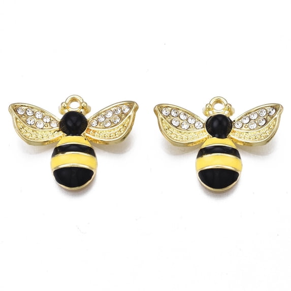 Rack Plating Alloy Enamel Pendants with Rhinestone Cadmium Free & Nickel Free & Lead Free Light golden Bees Yellow 19x23x5mm Hole: 1.4mm