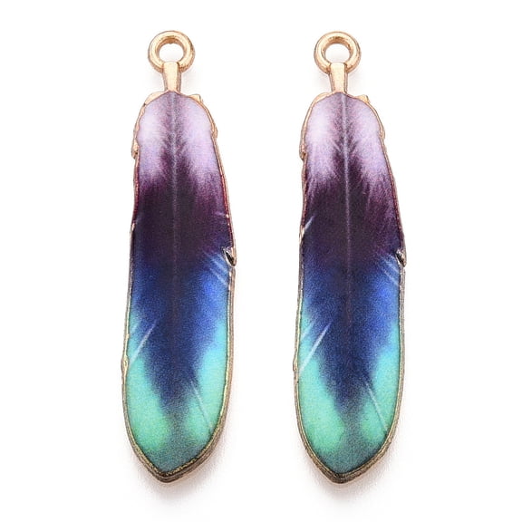 Rack Plating Alloy Pendants Printed Lead Free & Cadmium Free & Nickel Free Feather Charm Light Gold Purple 38x9x1.5mm Hole: 1.8mm