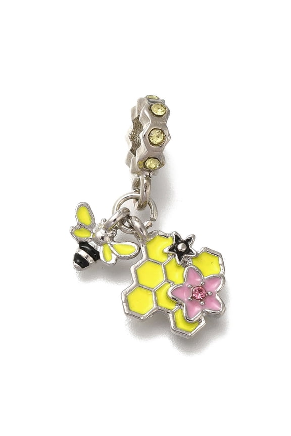 Rack Plating Alloy Rhinestone European Dangle Charms Bees Honeycomb Large Hole Charms with Yellow Enamel Platinum 29mm Hole: 5mm diy