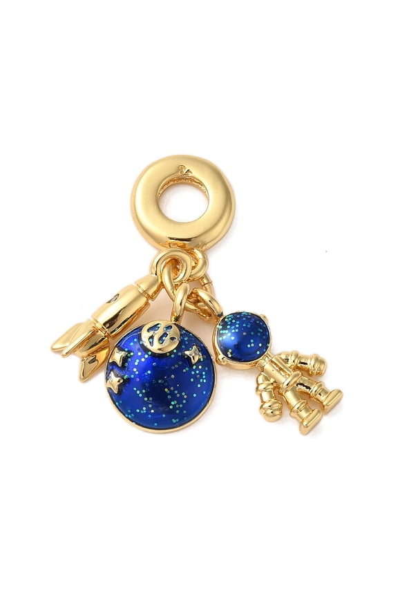 Rack Plating Brass Blue Enamel European Dangle Charms Rocket Planet Spaceman Large Hole Pendants Long-Lasting Plated Real 18K Gold Plated 28mm