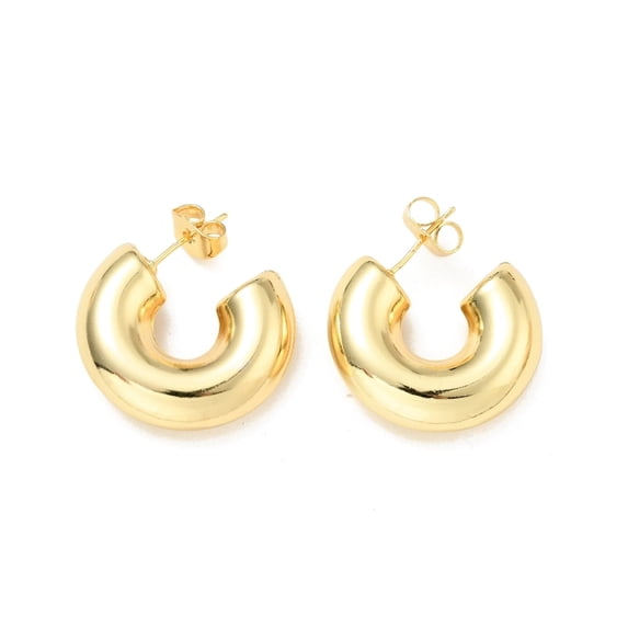Rack Plating Brass C-shape Stud Earrings Half Hoop Earrings for Women Cadmium Free & Lead Free Real 18K Gold Plated 25.5x7.5mm Pin: 0.8mm