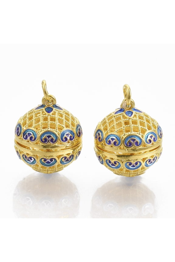 Rack Plating Brass Cage Pendants For Chime Ball Pendant Necklaces Making with Enamel and Iron Jump Rings Hollow Round with Flower Golden