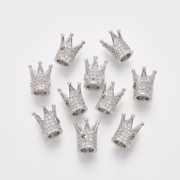 Rack Plating Brass Cubic Zirconia Beads Long-Lasting Plated Cadmium Free & Lead Free Crown Platinum 12x10x10mm Hole: 1.5mm