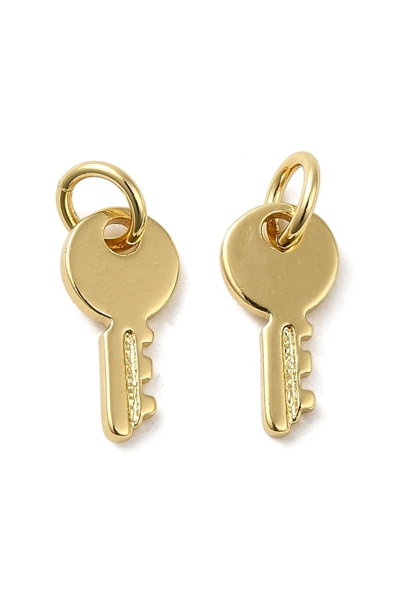 Rack Plating Brass Cubic Zirconia Charms Cadmium Free & Lead Free Long-Lasting Plated Key Charm with Jump Ring Real 18K Gold Plated 12x6x1mm Hole: 3.3mm