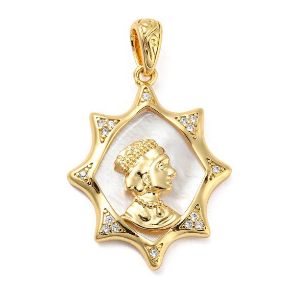 Rack Plating Brass Cubic Zirconia Pendants with Shell Cadmium Free & Lead Free Woman Real 18K golden Plated 31x23.5x4mm Hole: 5.5x4mm
