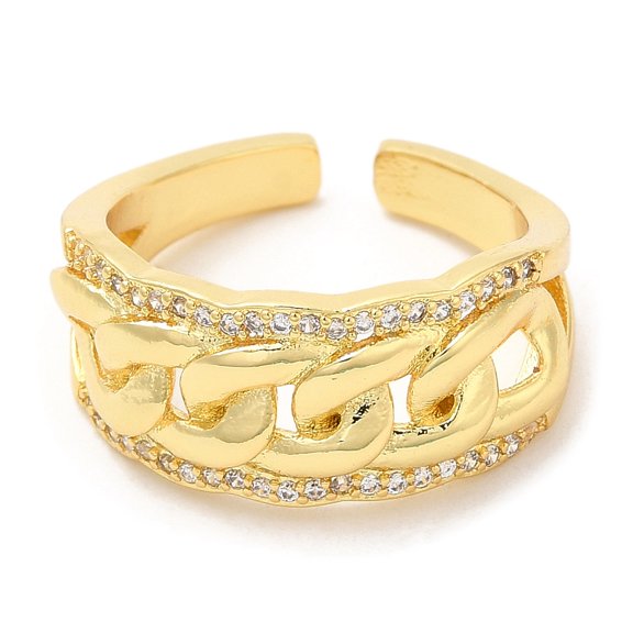 Rack Plating Brass Curb Chains Shape Open Cuff Ring with Cubic Zirconia Real 16K golden Plated Size 7 1/4(17.5mm)