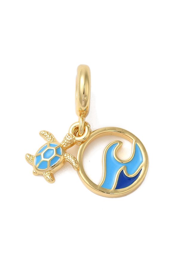 Rack Plating Brass Deep Sky Blue Enamel European Dangle Charms Turtle & Wave Large Hole Pendants Cadmium Free & Lead Free Long-Lasting Plated Real 18K golden Plated 25mm Hole: 5mm