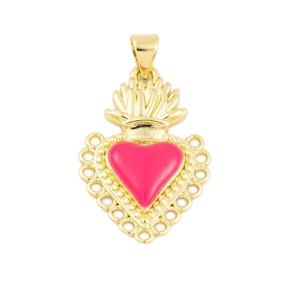 Rack Plating Brass Enamel Pendants Cadmium Free Lead Free Long-Lasting Plated Real 18K Gold Plated Sacred Heart Charm Deep Pink