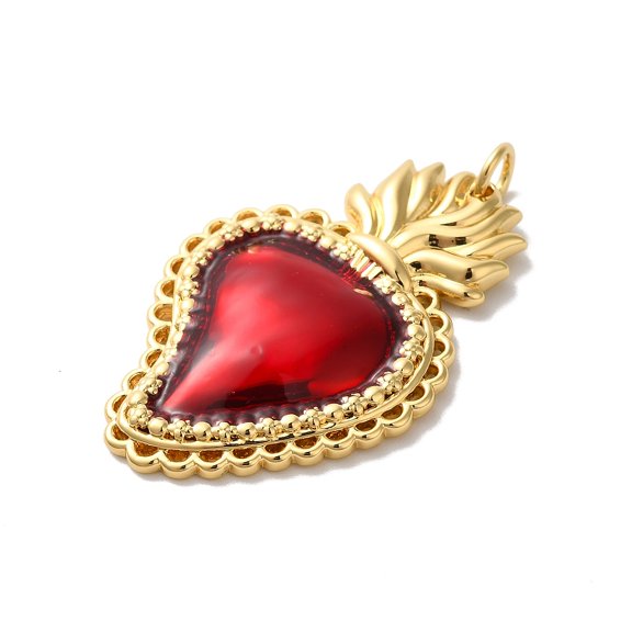 Rack Plating Brass Enamel Pendants with Jump Ring Cadmium Free & Lead Free Long-Lasting Plated Real 18K golden Plated Sacred Heart Charm FireBrick 34x23x3.5mm Hole: 3.5mm