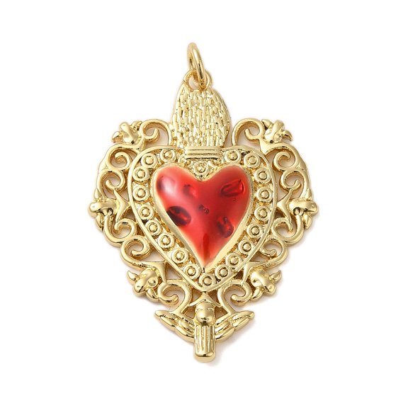 Rack Plating Brass Enamel Pendants with Jump Ring Cadmium Free & Lead Free Heart Charm Real 18K golden Plated 32.5x24x3.5mm Hole: 4mm