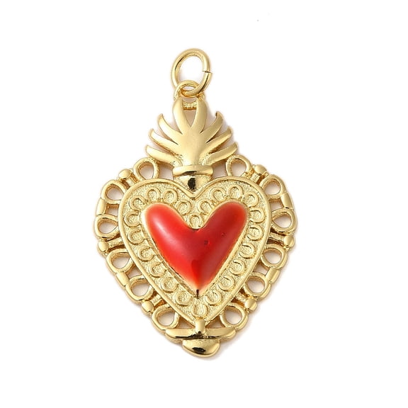 Rack Plating Brass Enamel Pendants with Jump Ring Cadmium Free & Lead Free Sacred Heart Charm Real 18K Gold Plated 28x20x3mm Hole: 4mm