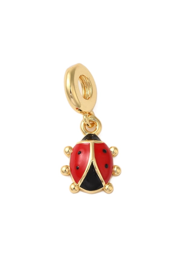 Rack Plating Brass FireBrick Enamel European Dangle Charms Ladybug Large Hole Pendants Cadmium Free & Lead Free Long-Lasting Plated Real 18K Gold Plated 23mm Hole: 5mm