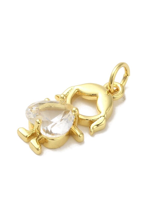Rack Plating Brass Glass Pendants Cadmium Free & Lead Free Long-Lasting Plated Real 18K golden Plated Human with Heart Clear 17.5x9.5x2mm Hole: 3mm