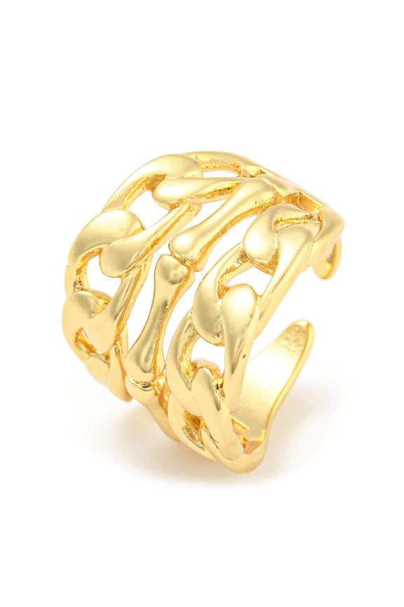 Rack Plating Brass Hollow Curb Chains Open Cuff Rings Long-Lasting Plated Lead Free & Cadmium Free Real 18K Gold Plated Inner Diameter: 17mm