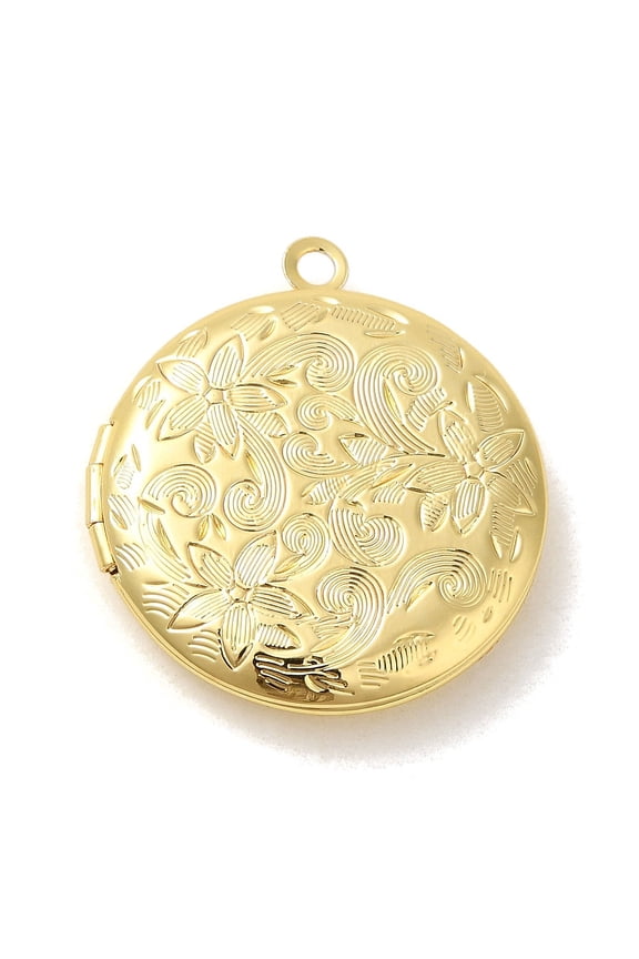 Rack Plating Brass Locket Pendants Photo Frame Charms for Necklaces Long-Lasting Plated Flat Round with Flower Charm 31x27.5x5.5mm Hole: 2.5mm