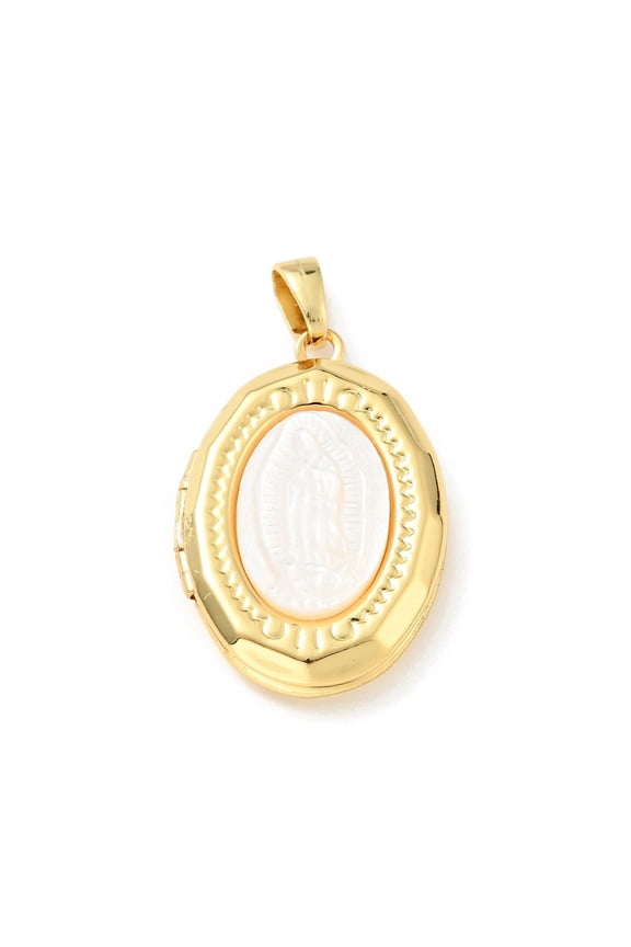 Rack Plating Brass Locket Pendants with Shell Oval with Cadmium Free Nickel Free Lead Free Real 18K golden Plated 24x16x6mm Hole: 4.5x3mm Inner Diameter: 14x10mm