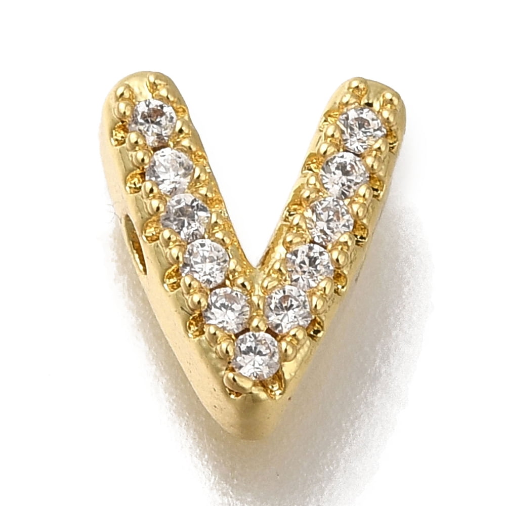 Rack Plating Brass Micro Pave Clear Cubic Zirconia Beads Long-Lasting Plated Cadmium Free Lead Free Real 18K Gold Plated Letter V 8x7x3mm