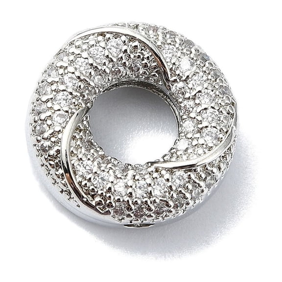 Rack Plating Brass Micro Pave Clear Cubic Zirconia Beads Long-Lasting Plated Lead Free Cadmium Free Flat Round Platinum 14.5x5mm Hole: 1.6mm